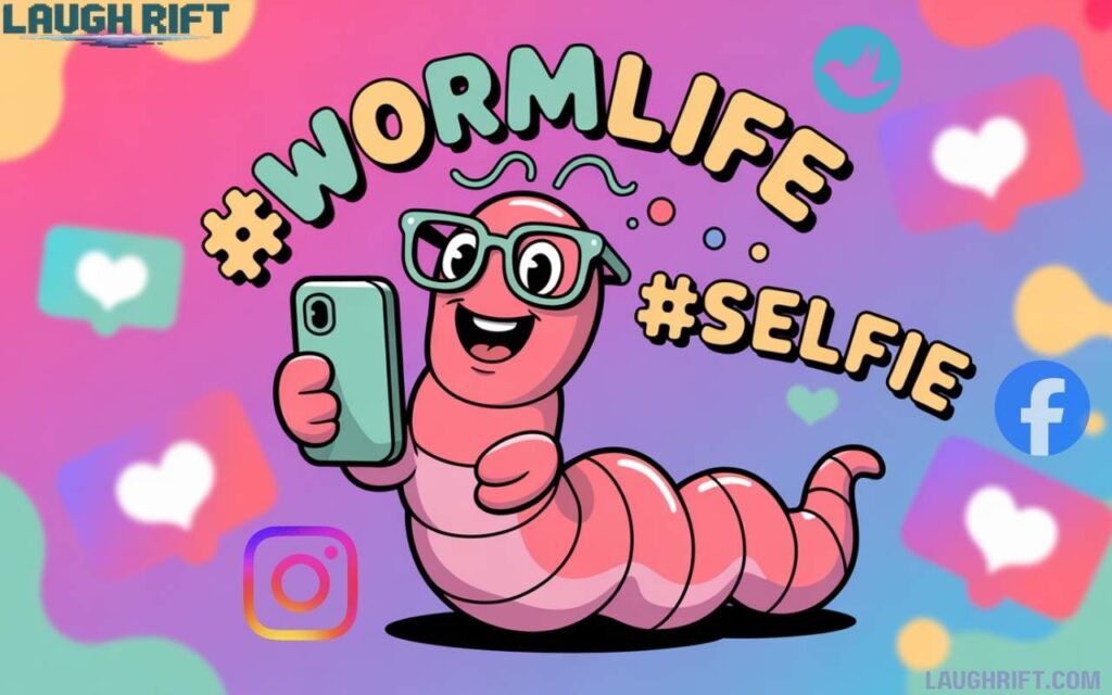 Cartoon wriggly character taking a selfie with hashtags for worm puns on social media captions.