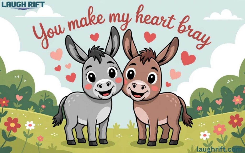 Donkey puns with boyfriend and girlfriend illustration showing cute donkeys in love.