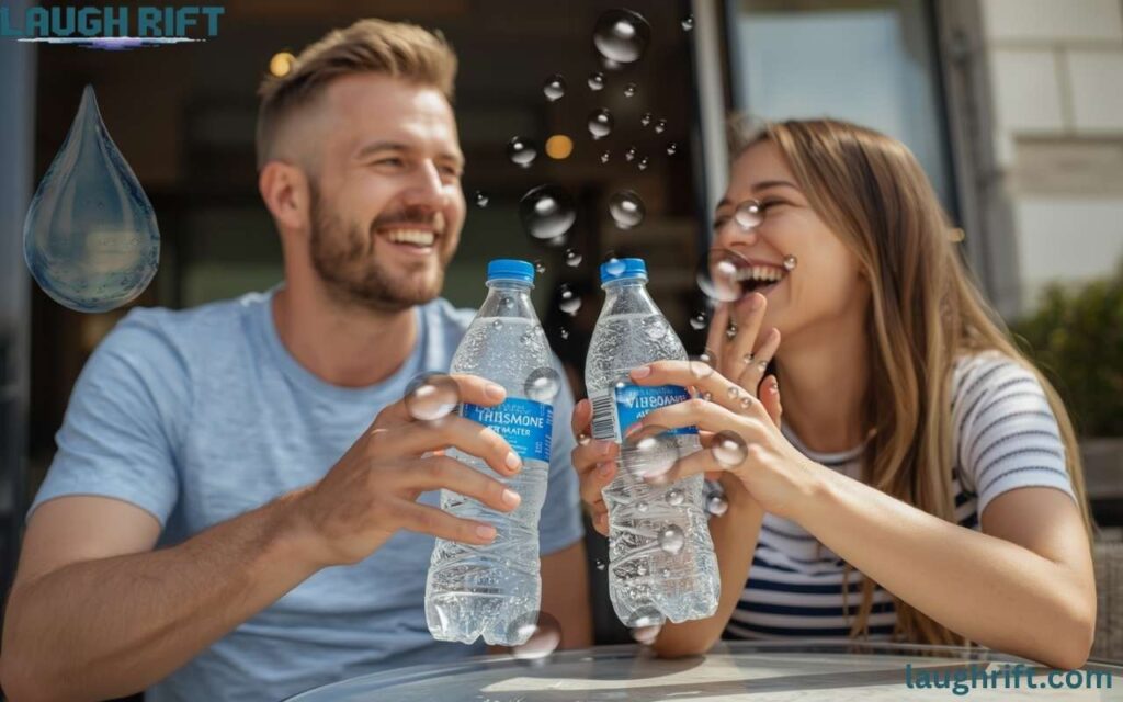 Couple laughing over mineral water puns with chilled bottles.