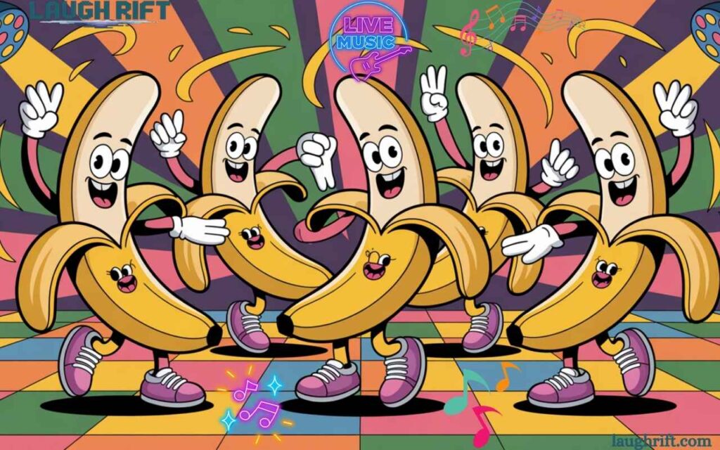 Bananas dancing on colorful disco floor.