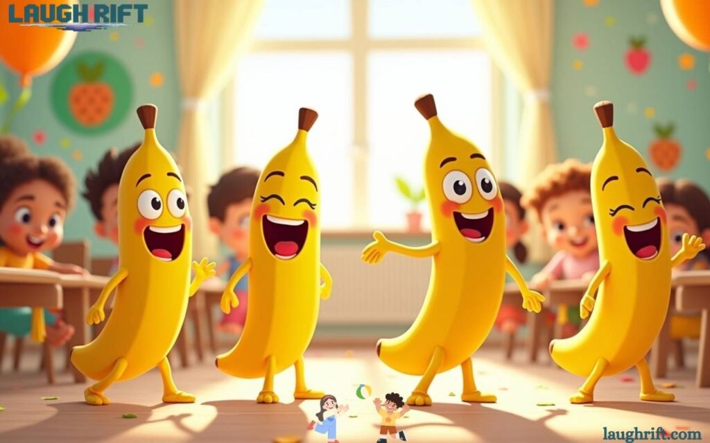 Funny banana puns for kids with cheerful cartoon bananas laughing in a classroom.
