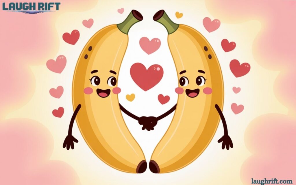 banana puns for lovers with two cartoon bananas holding hands and hearts around them.
