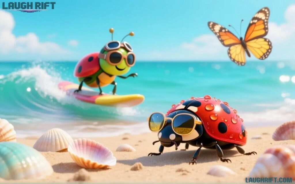 Cute insects enjoying fun time at sunny beach.