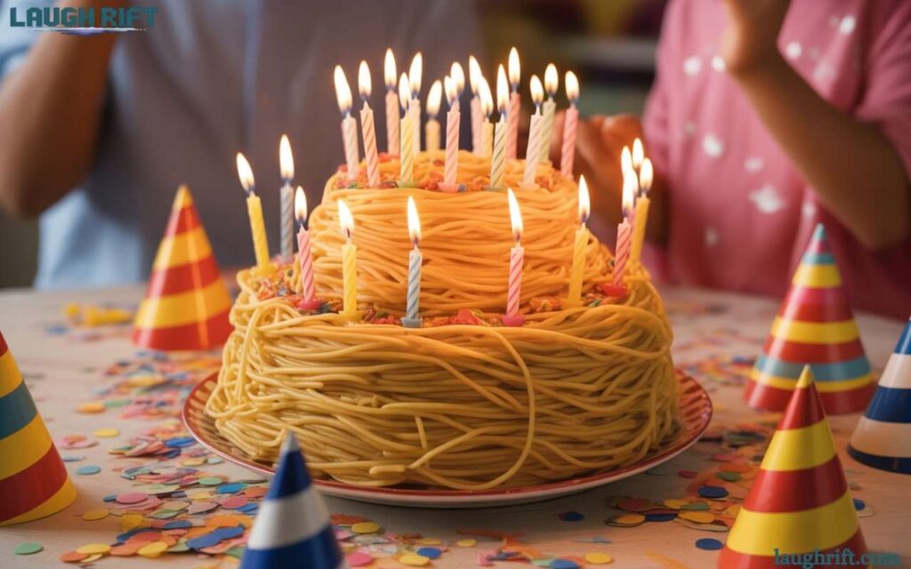 Fun spaghetti birthday cake with candles showing birthday pasta puns.