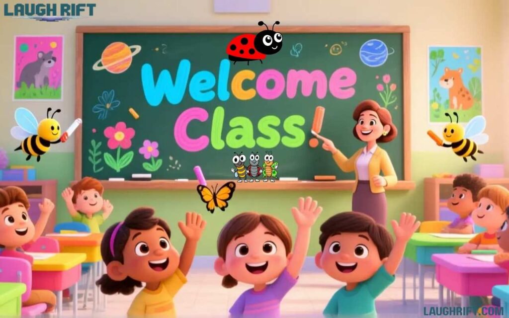 Funny bug puns for teachers and classrooms with cartoon insects teaching kids.