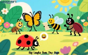 Funny cartoon insects laughing together in a garden representing bug puns and jokes.
