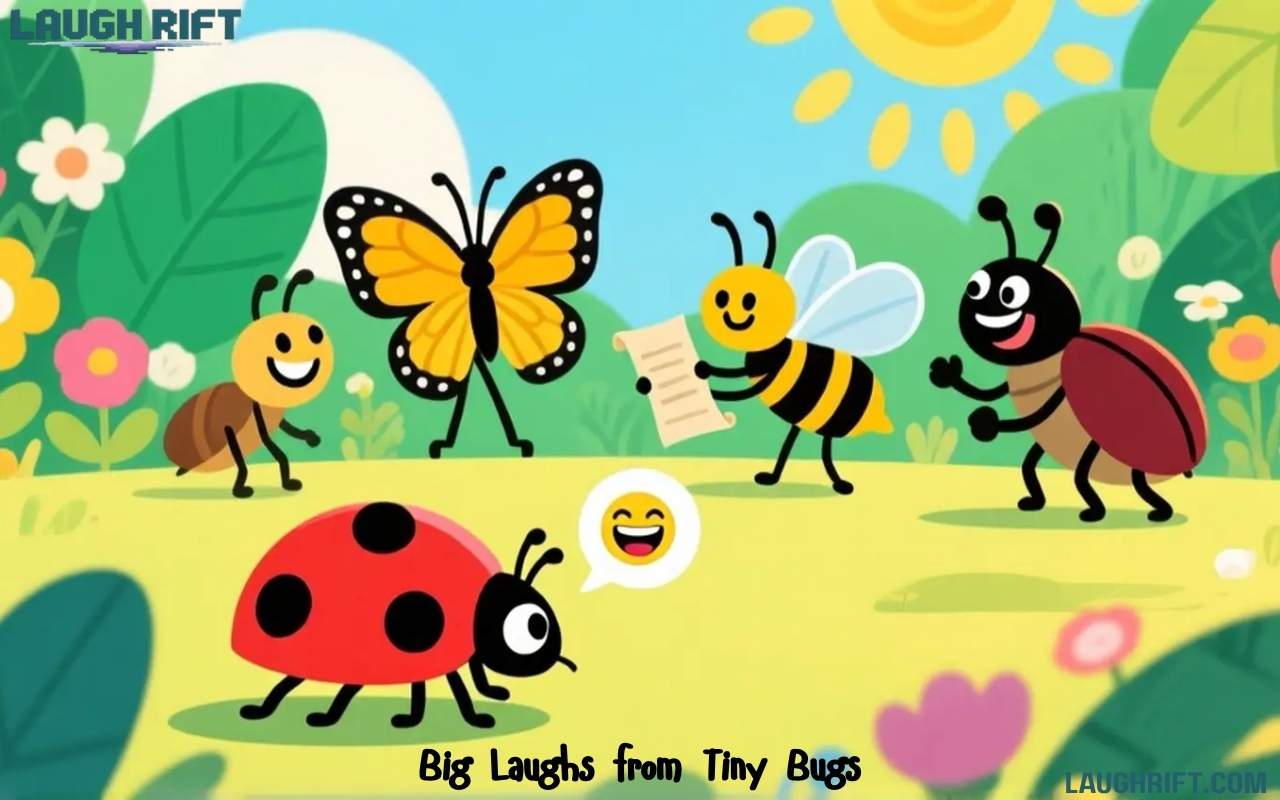 Funny cartoon insects laughing together in a garden representing bug puns and jokes.