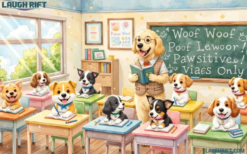 Cartoon teacher in a classroom with puppy students and a chalkboard filled with playful drawings.