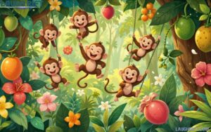 Colorful cartoon monkeys swinging in a vibrant jungle having fun representing funny monkey puns.
