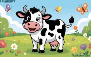 Cute cartoon cow smiling in a sunny green pasture with flowers and butterflies.