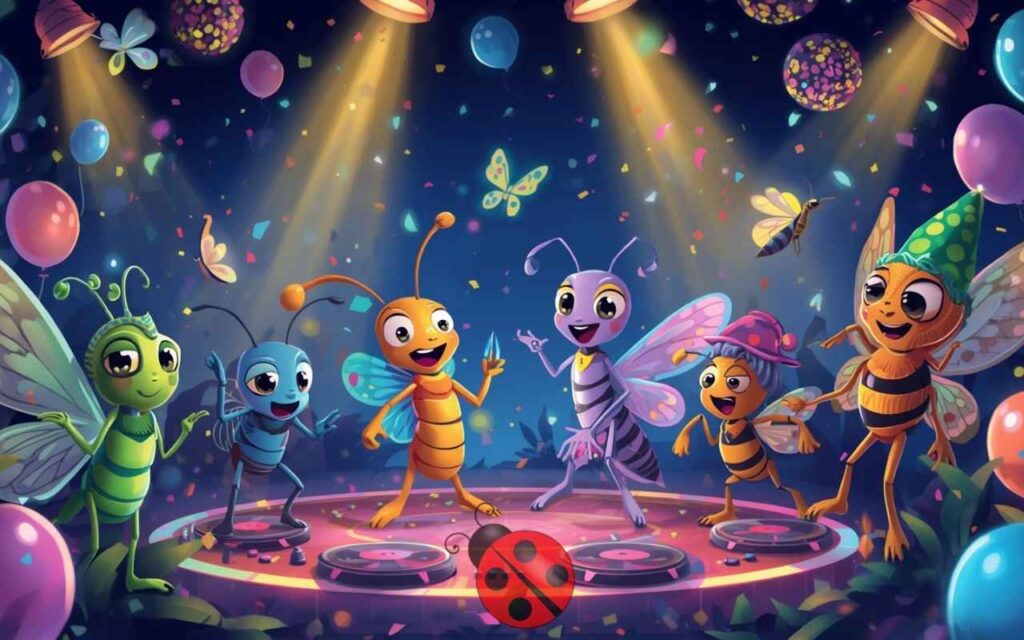 Cartoon insects dancing under disco lights.