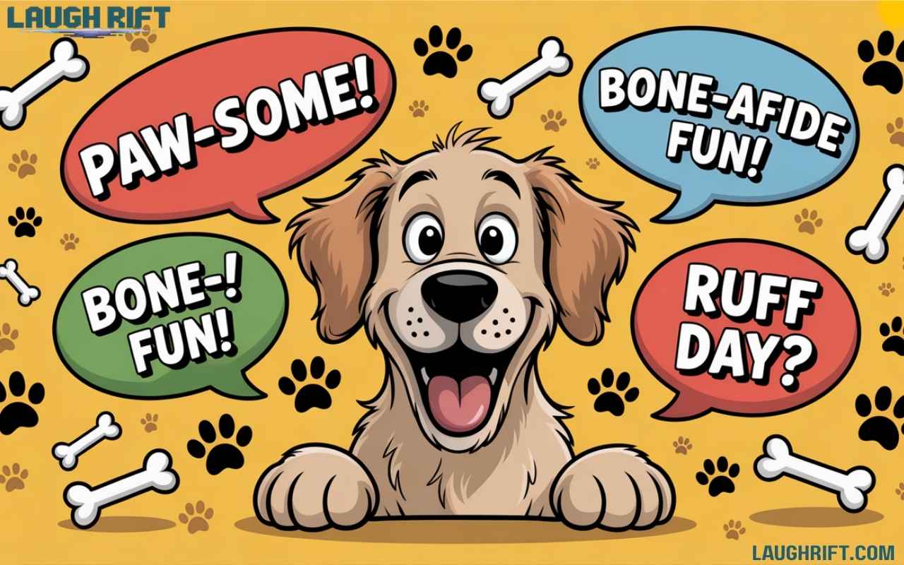 Cartoon dog surrounded by funny phrases and paw prints representing dog puns and jokes.
