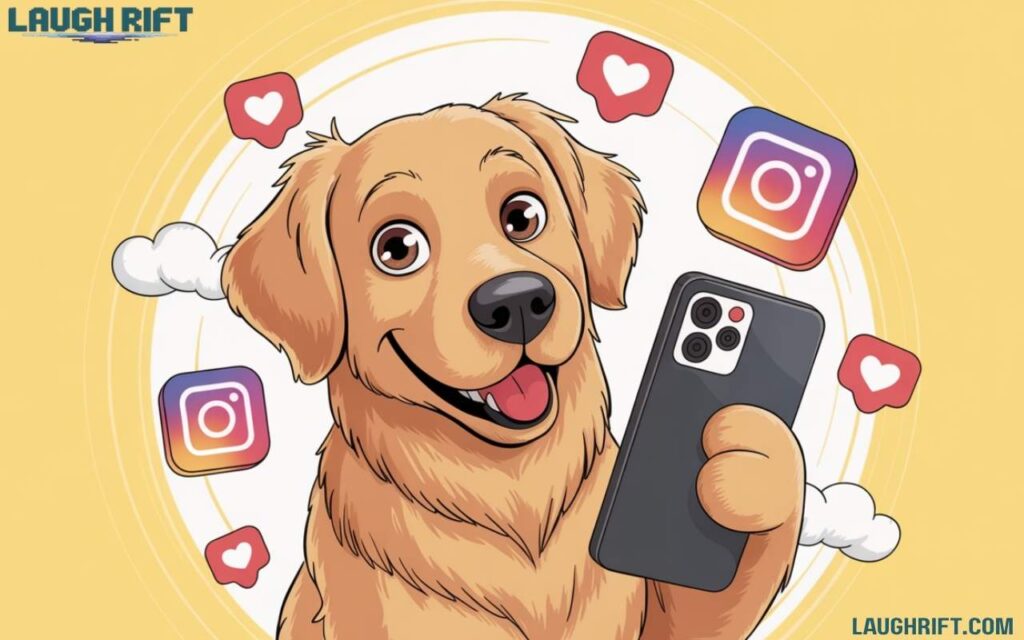 Cartoon dog with smartphone and Instagram icons representing dog puns for captions.