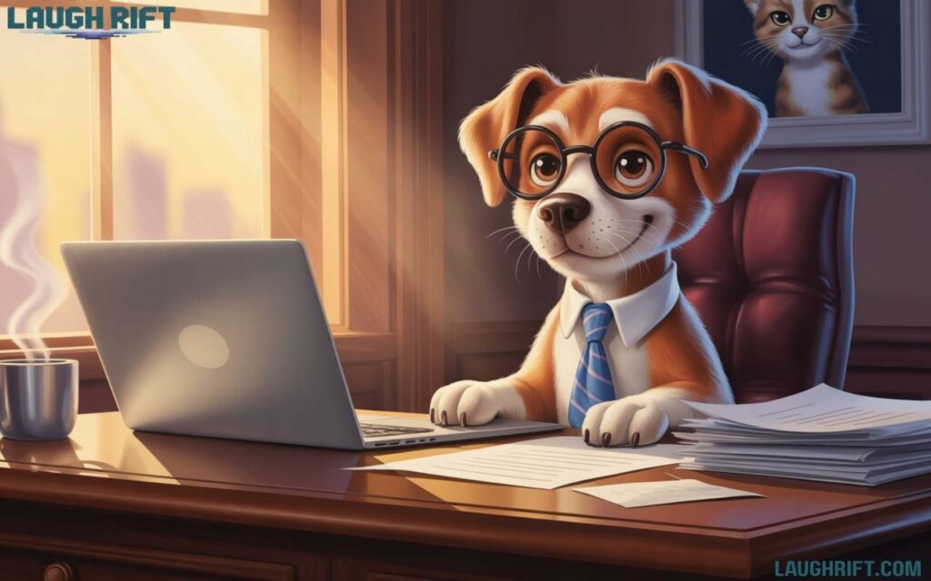 Cartoon dog in an office wearing a tie and glasses representing dog puns for business.