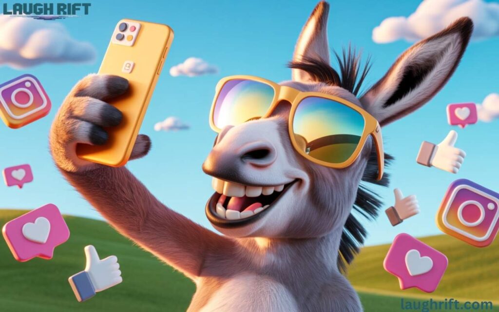 Funny burro jokes for Instagram with cartoon burro posing among social media icons.