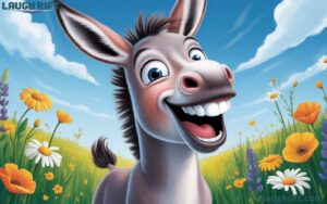 Funny donkey laughing in a bright field for playful humor.