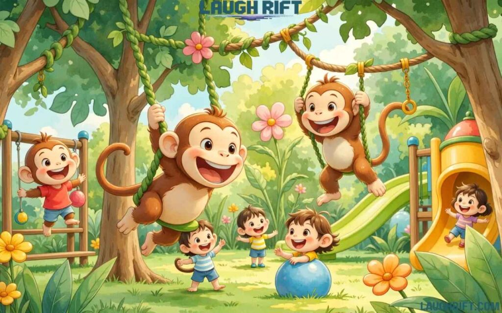 Colorful cartoon monkeys playing and laughing with children in a jungle playground representing kids friendly monkey jokes.