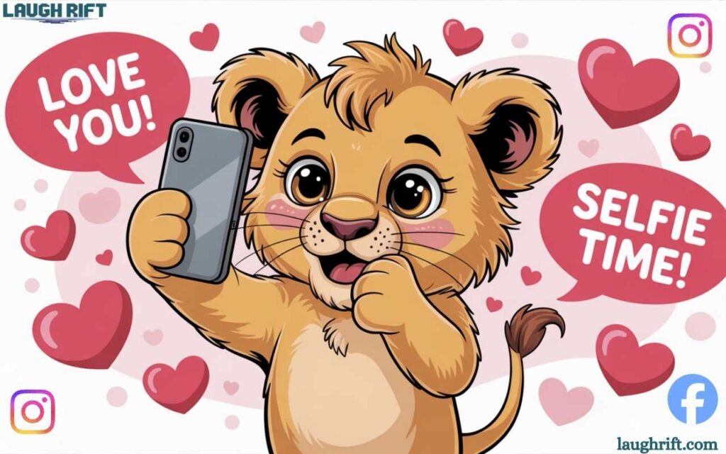 Cute lion taking a selfie with social media icons, surrounded by cubs and hearts.