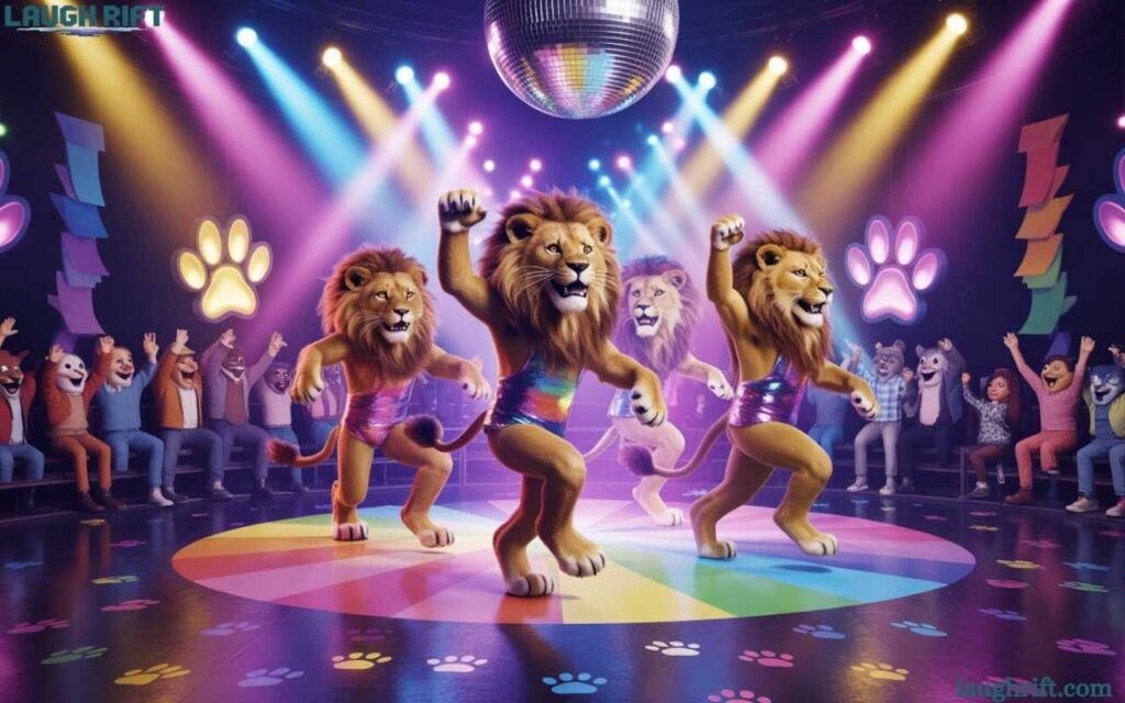 Dancing lion with disco lights.