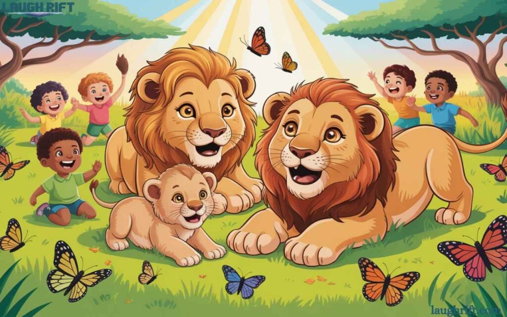 Majestic jungle kings and their playful cubs laughing with cheerful kids in a sunny savanna background for family fun jokes.