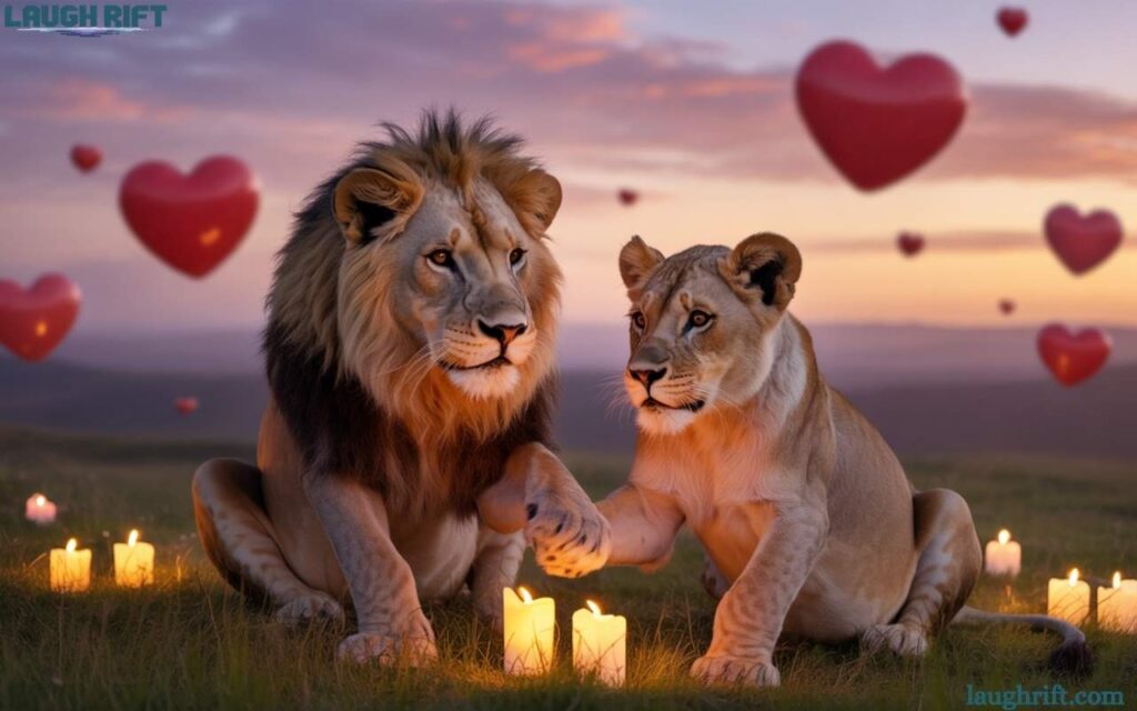 Cute lion couple holding hands by candlelight with love signs, perfect for lion puns.