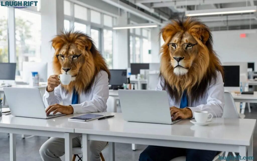 jungle kings in office attire working on computers and laughing together.