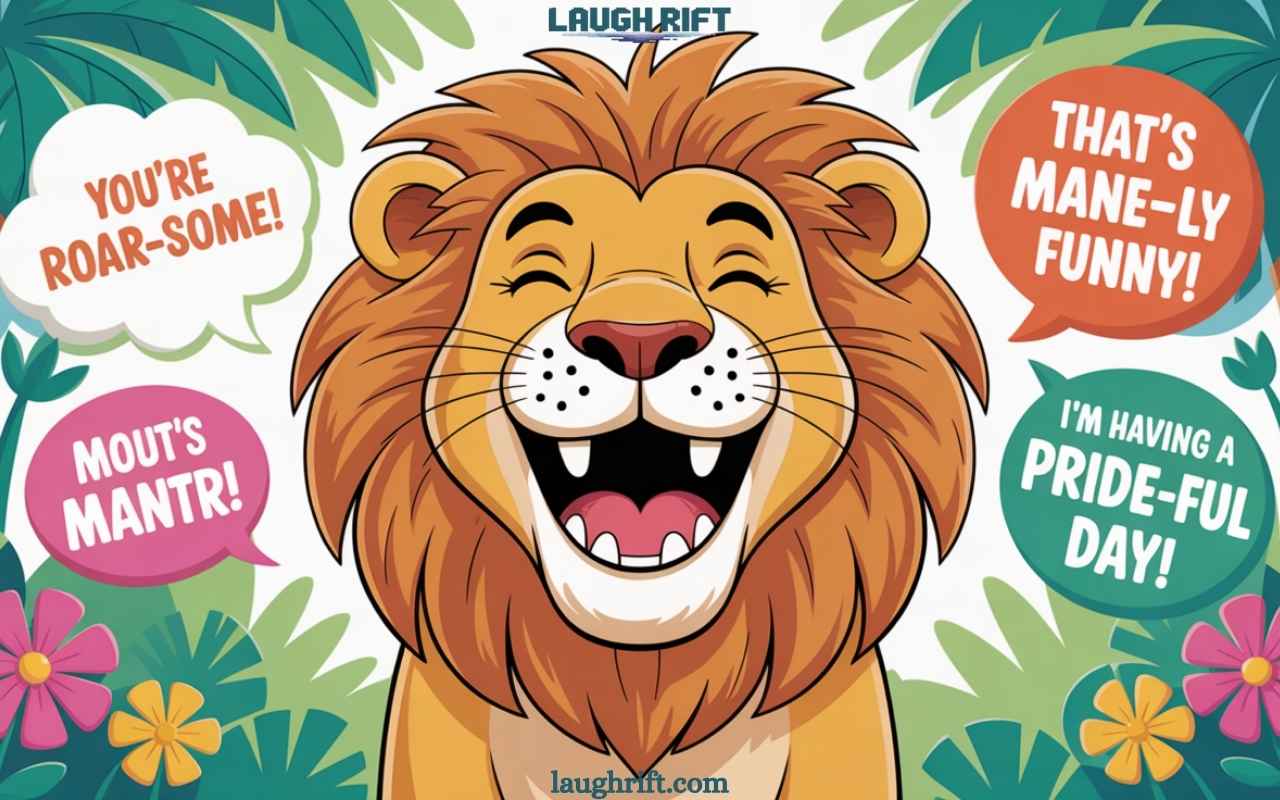 Laughing lion with pun bubbles.