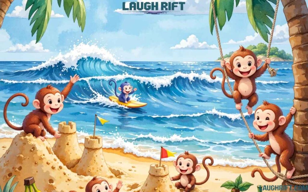 Colorful cartoon characters having fun on a sunny beach with sand, waves, and palm trees.