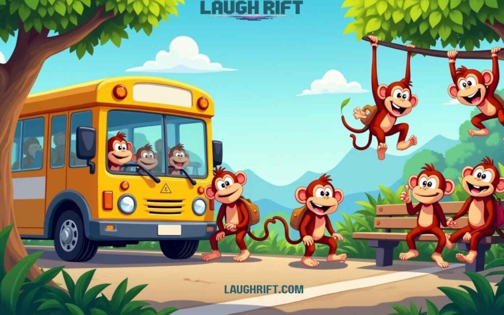 Colorful cartoon characters waiting at a jungle bus stop having fun.