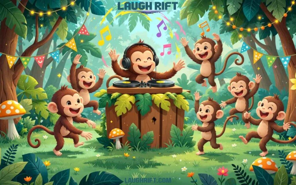 Colorful cartoon monkeys dancing at a jungle party with disco lights and music representing monkey dance party puns.