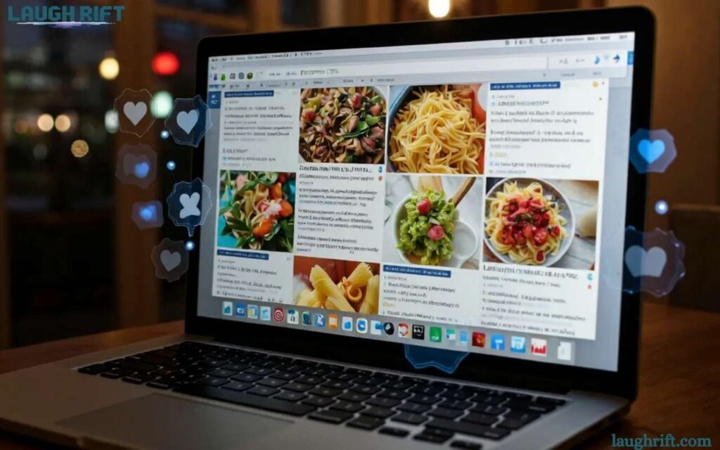 Laptop with viral noodle joke posts showing growth in online engagement.