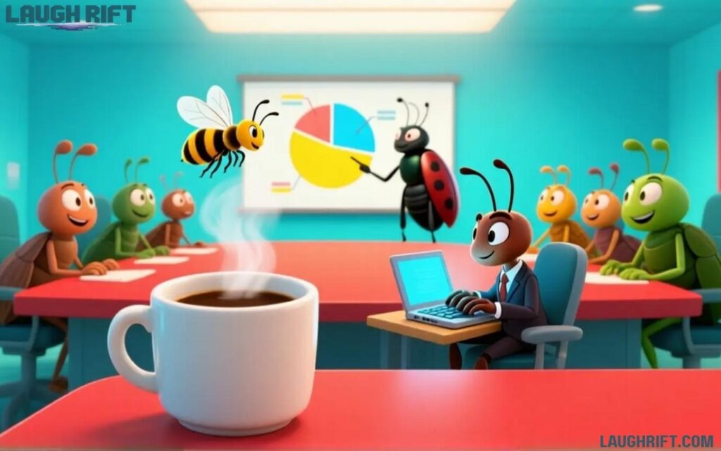 Cartoon insects working together in an office.