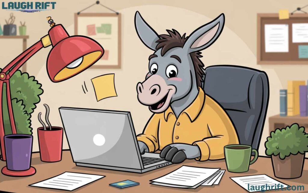 Cartoon donkey working at office desk for funny office humor.