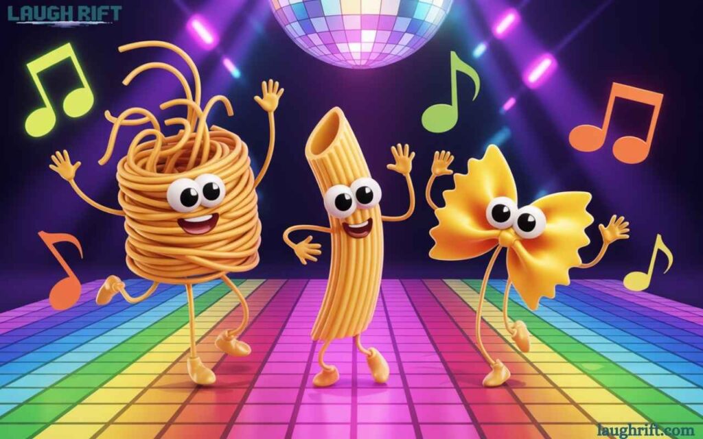 Dancing characters at a disco party representing dance party noodle jokes.