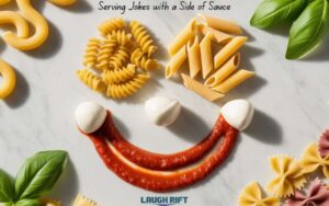 Colorful flat lay of pasta and sauce arranged playfully to show pasta puns and laughter.