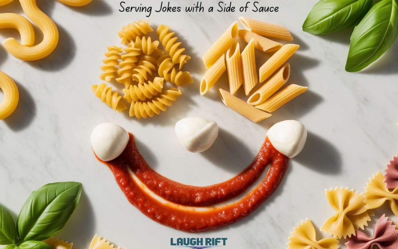 Colorful flat lay of pasta and sauce arranged playfully to show pasta puns and laughter.