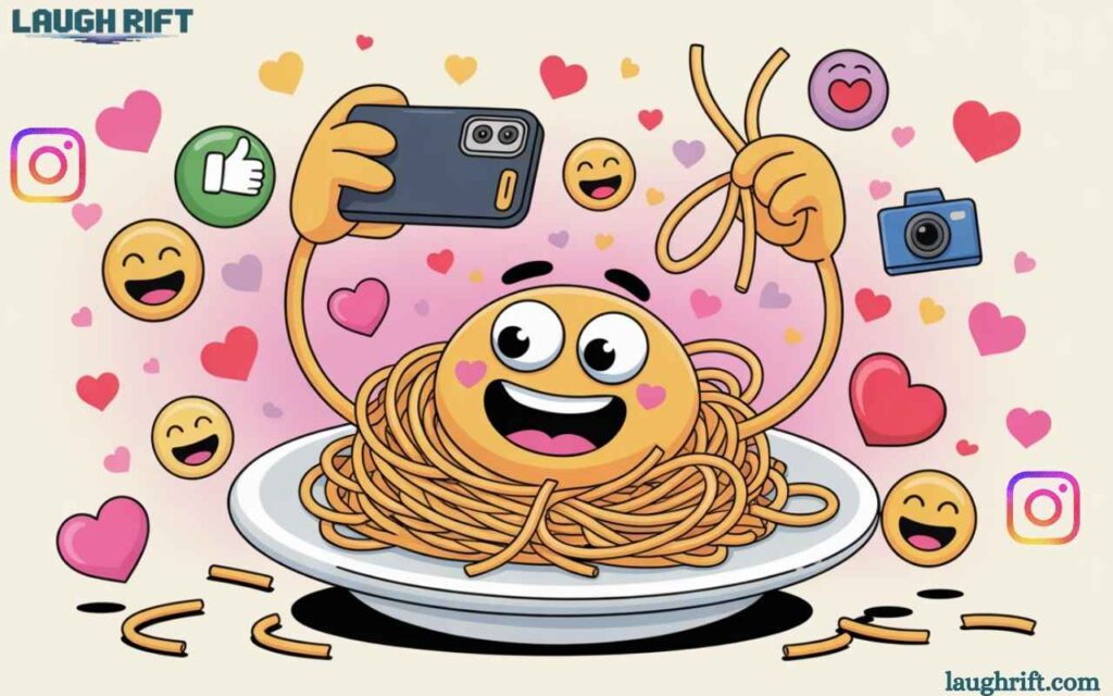Funny cartoon spaghetti taking a selfie representing pasta puns for Instagram captions.