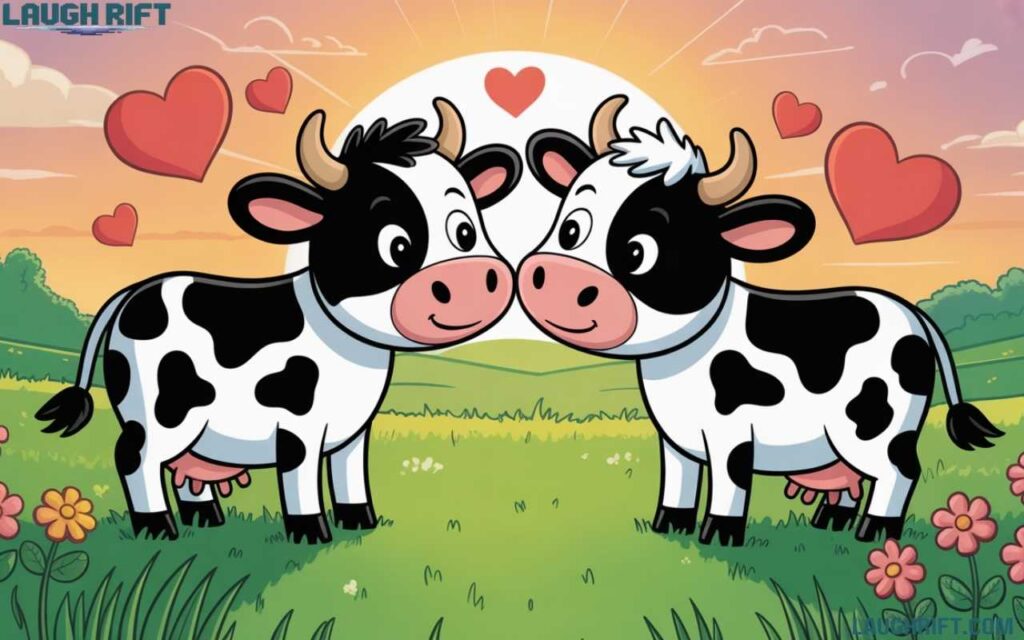 Colorful cartoon bovine couple in a natural sunset meadow with hearts, sharing romantic sayings and sweet love messages.