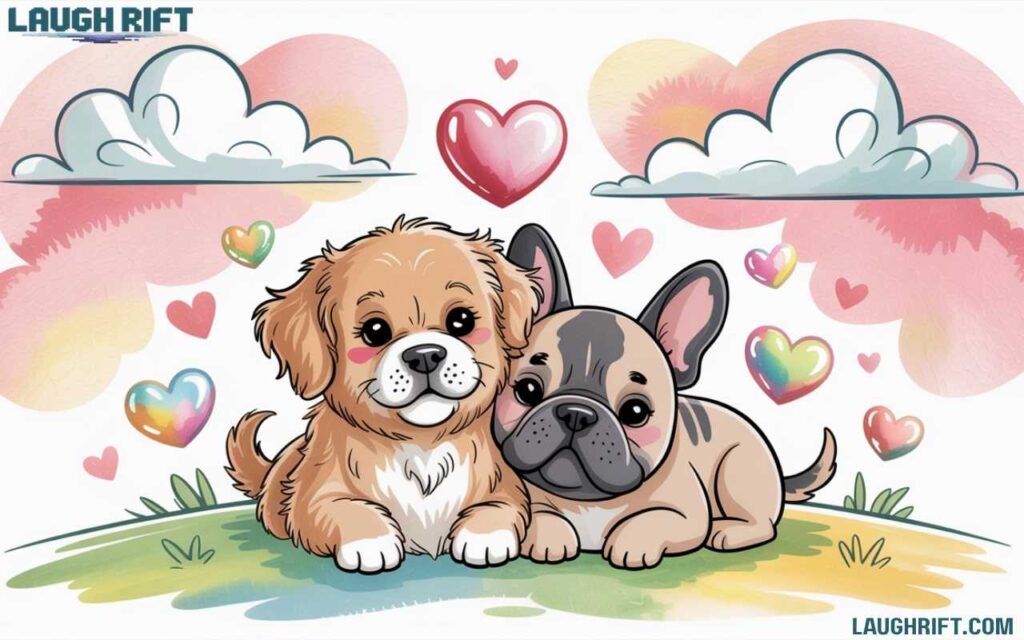Cute cartoon couple of puppies surrounded by hearts representing romantic love moments.
