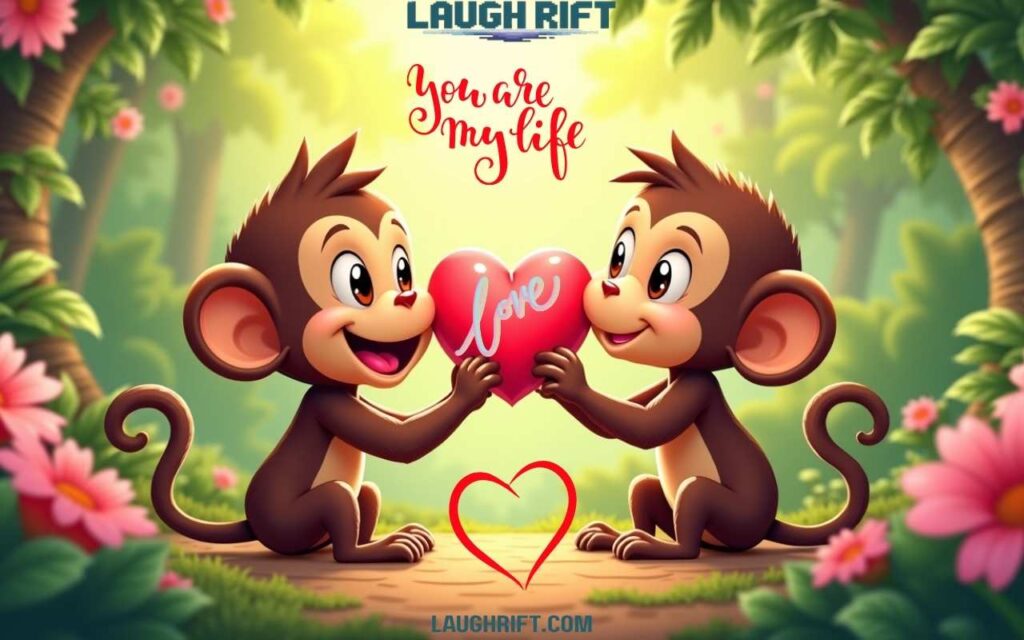 Colorful cartoon monkeys sharing a heart-shaped fruit in a jungle representing romantic monkey puns.