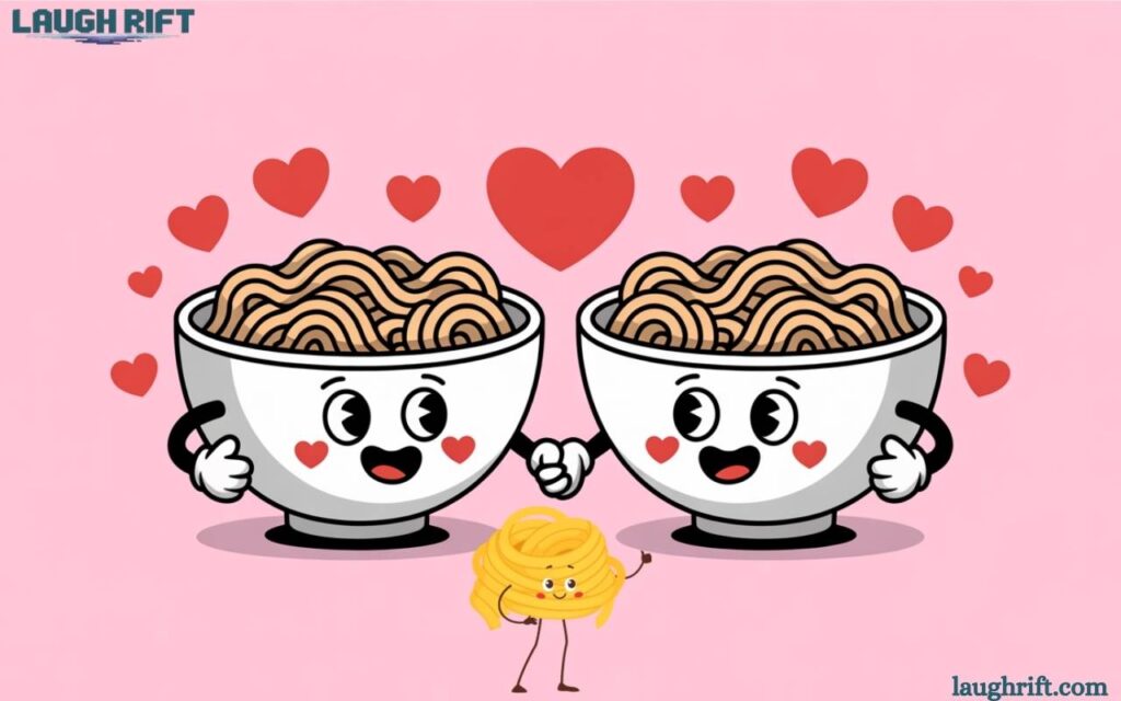 Cute romantic pasta bowls holding hands for romantic jokes.