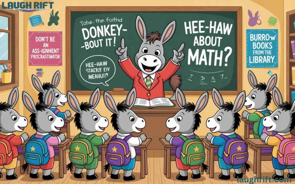 Donkey puns shown with cartoon donkey studying in a cheerful classroom.