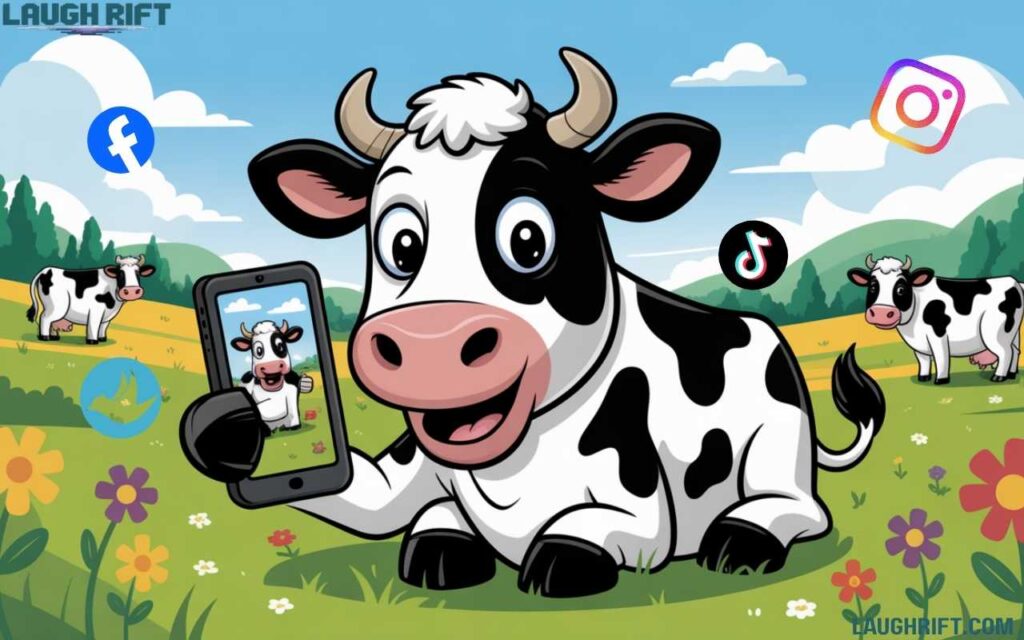 Colorful cartoon cow taking a selfie with Facebook, Twitter, and Instagram icons around, representing social media cow puns.
