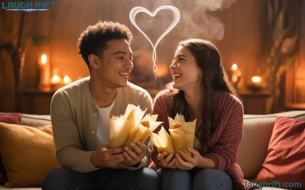 Romantic tamale puns with laughing couple sharing food.