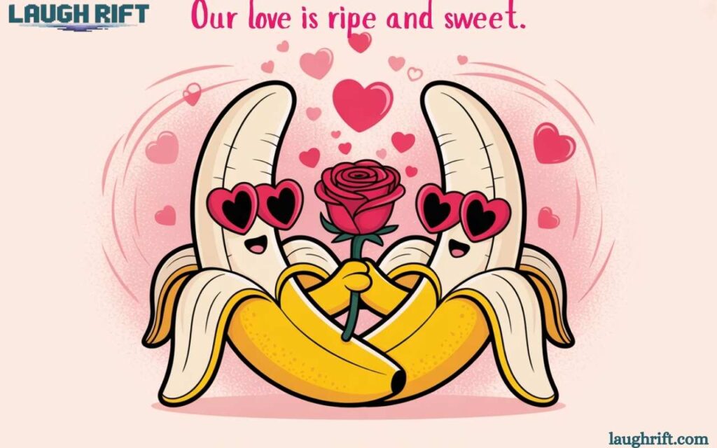 Romantic cartoon bananas with hearts and a rose.
