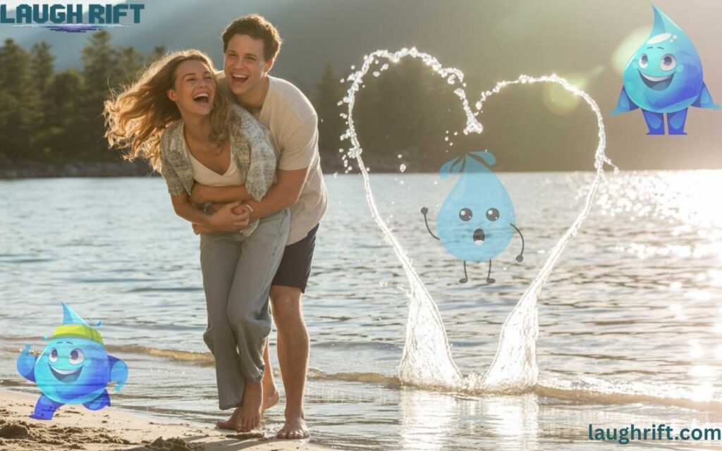 American young couple laughing near a heart shaped water splash.