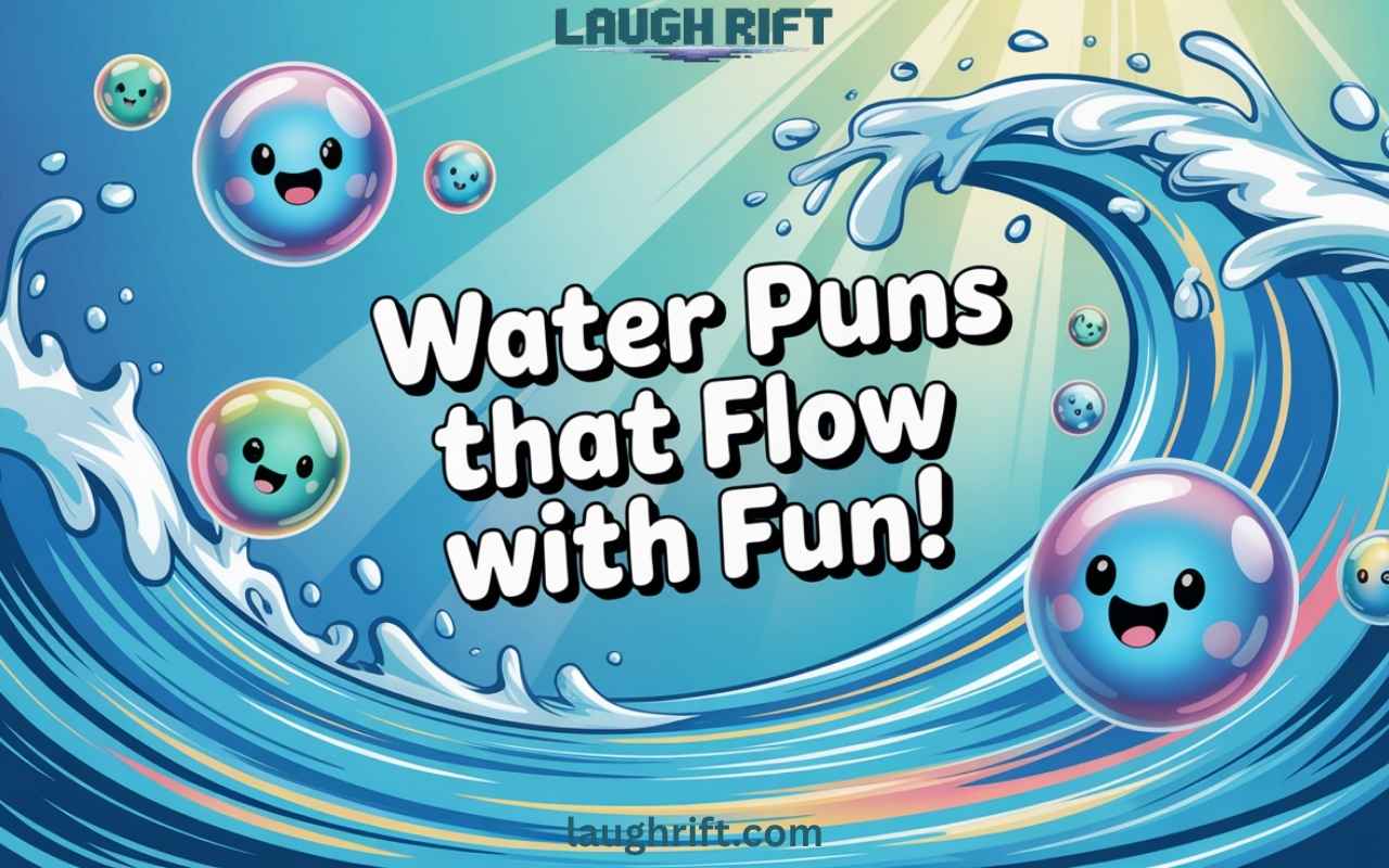 Playful water splash with smiling bubbles and the text Water Puns That Flow with Fun.