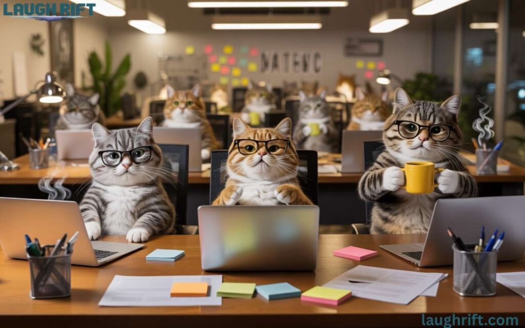 Playful cats in an office setting enjoying coffee and work, representing Office Cat Puns.
