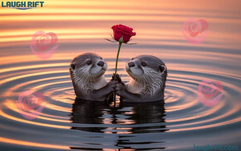 Romantic otters floating with rose and hearts on sunset water for otter puns.