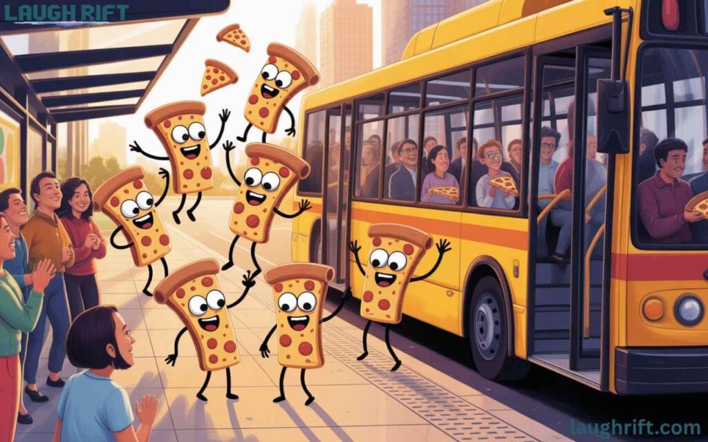 Playful pizza slices at a bus stop while passengers inside the bus enjoy pizza.